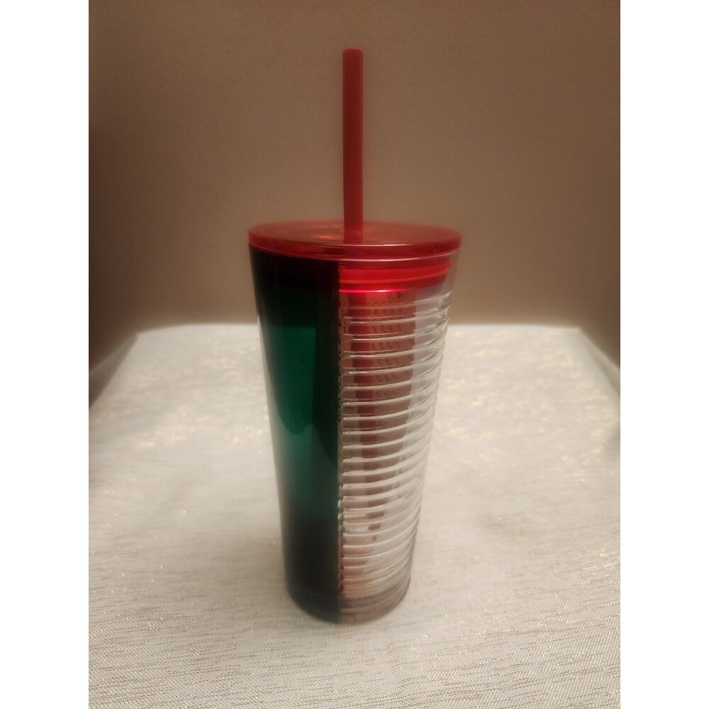Starbucks Christmas 2021 Red Green Clear Glass Tumbler Cup 18oz Holiday Ribbed - Picture 2 of 4